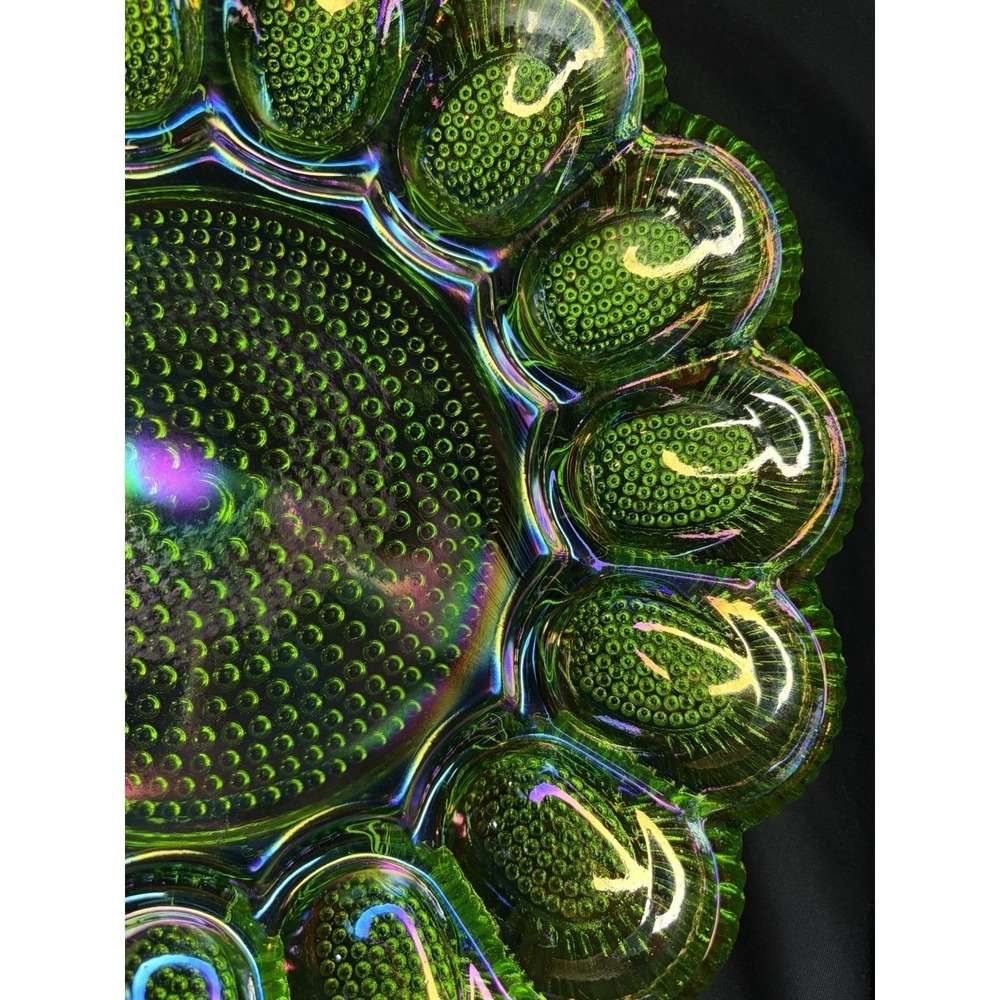 Vintage Indiana Glass Deviled Egg Plate Carnival Hobnail Lime Green 11" 1960s - Picture 2 of 16